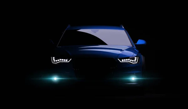 Elegante coche sobre un fondo negro con luces led encendidas. Futurista moderno vehículo cabeza luz xenón en la oscuridad. 3d renderizar —  Fotos de Stock