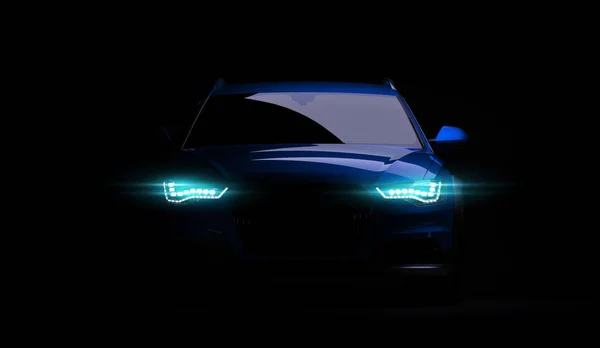 Elegáns autó a fekete háttér a led fények. Futurisztikus modern jármű vezetője xenon fény a sötétben. 3D render — Stock Fotó