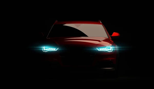 Voiture élégante sur un fond noir avec des lumières LED allumées. Futuriste lumière de tête de véhicule moderne xénon sur sombre. 3d rendu — Photo