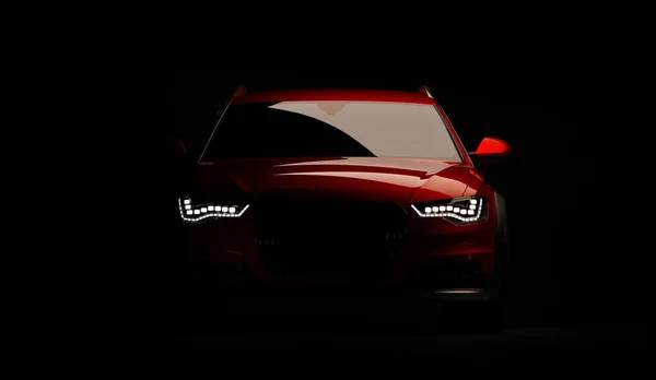 Led ライトが付いて黒の背景上にスタイリッシュな車。未来の現代車ダークでキセノンをライトします。3 d のレンダリング — ストック写真