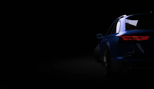 Stylowy samochód na czarnym tle z diody led na. Futurystyczny pojazd nowoczesny głowy xenon światło na ciemności. renderowania 3D — Zdjęcie stockowe