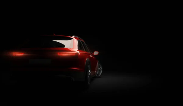 Carro elegante em um fundo preto com luzes led acesas. Futurista moderno veículo cabeça luz xenônio no escuro. Renderização 3d — Fotografia de Stock