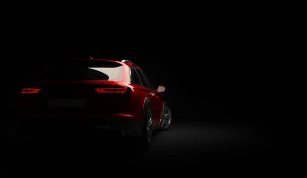 Led ライトが付いて黒の背景上にスタイリッシュな車。未来の現代車ダークでキセノンをライトします。3 d のレンダリング — ストック写真