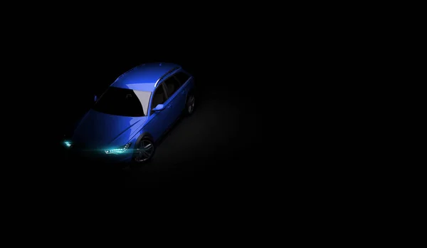 Elegante auto su sfondo nero con luci a led accese. Futuristico veicolo moderno testa luce allo xeno sul buio. rendering 3d — Foto Stock