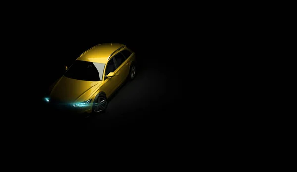 Stijlvolle auto op een zwarte achtergrond met led lampjes op. Xenon futuristische moderne voertuig hoofd licht op donker. 3D render — Stockfoto