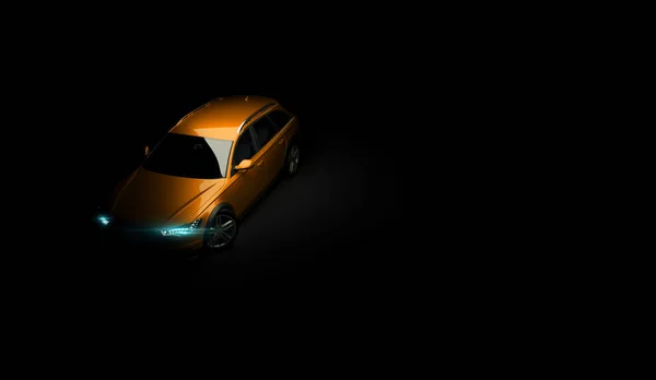 Voiture élégante sur un fond noir avec des lumières LED allumées. Futuriste lumière de tête de véhicule moderne xénon sur sombre. 3d rendu — Photo