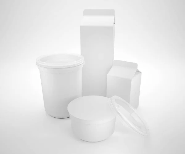 Embalagem de produtos lácteos fermentados em branco isolada sobre fundo branco. Renderização 3d — Fotografia de Stock