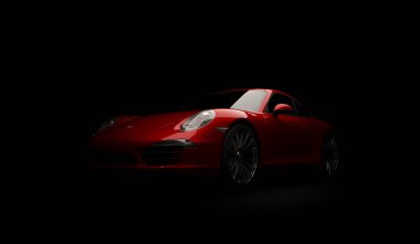 Almatı, Kazakistan. 18 Mart: Porsche 911 carrera turbo lüks şık hızlı spor araba siyah koyu arka plan. 3D render