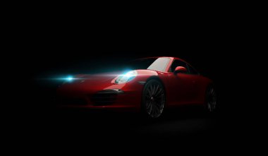 Almatı, Kazakistan. 18 Mart: Porsche 911 carrera turbo lüks şık hızlı spor araba siyah koyu arka plan. 3D render