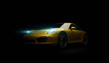 Almatı, Kazakistan. 18 Mart: Porsche 911 carrera turbo lüks şık hızlı spor araba siyah koyu arka plan. 3D render
