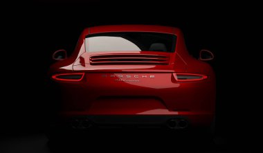 Almatı, Kazakistan. 18 Mart: Porsche 911 carrera turbo lüks şık hızlı spor araba siyah koyu arka plan. 3D render
