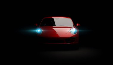 Almatı, Kazakistan. 18 Mart: Porsche 911 carrera turbo lüks şık hızlı spor araba siyah koyu arka plan. 3D render