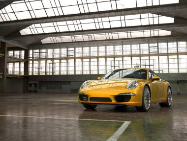 Almatı, Kazakistan. 18 Mart: Porsche 911 carrera turbo lüks şık hızlı spor araba Fabrika arka plan üzerinde. 3D render