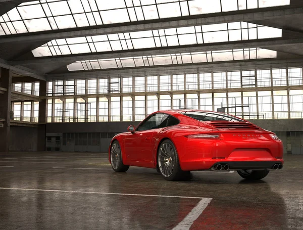 Almatı, Kazakistan. 18 Mart: Porsche 911 carrera turbo lüks şık hızlı spor araba Fabrika arka plan üzerinde. 3D render