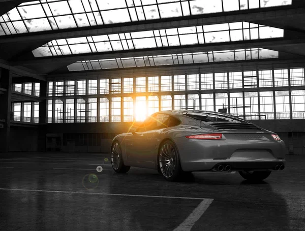 Almatı, Kazakistan. 18 Mart: Porsche 911 carrera turbo lüks şık hızlı spor araba Fabrika arka plan üzerinde. 3D render — Stok fotoğraf