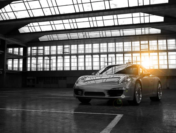 Almaty, Kazakstan. 18 mars: Porsche 911 carrera turbo snygg snabb sport lyxbil på fabriken bakgrund. 3D render — Stockfoto