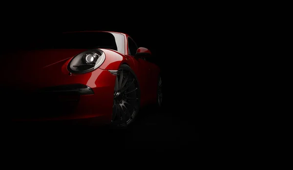 Super rápido cupé de coche caro sobre fondo oscuro. 3d renderizar — Foto de Stock