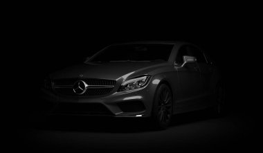 Almatı, Kazakistan-Mart 24, 2019: Mercedes-Benz CLS 500 AMG şık lüks iş sınıfı hızlı araba karanlık arka planda. 3B render