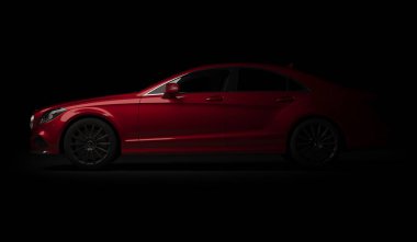 Almatı, Kazakistan-Mart 24, 2019: Mercedes-Benz CLS 500 AMG şık lüks iş sınıfı hızlı araba karanlık arka planda. 3B render