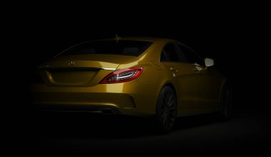Almatı, Kazakistan-Mart 24, 2019: Mercedes-Benz CLS 500 AMG şık lüks iş sınıfı hızlı araba karanlık arka planda. 3B render