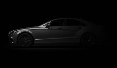 Almatı, Kazakistan-Mart 24, 2019: Mercedes-Benz CLS 500 AMG şık lüks iş sınıfı hızlı araba karanlık arka planda. 3B render