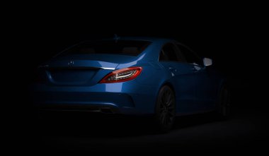 Almatı, Kazakistan-Mart 24, 2019: Mercedes-Benz CLS 500 AMG şık lüks iş sınıfı hızlı araba karanlık arka planda. 3B render