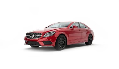 Almatı, Kazakistan-Mart 24, 2019: Mercedes-Benz CLS 500 AMG şık lüks iş sınıfı hızlı araba izole beyaz arka plan. 3B render