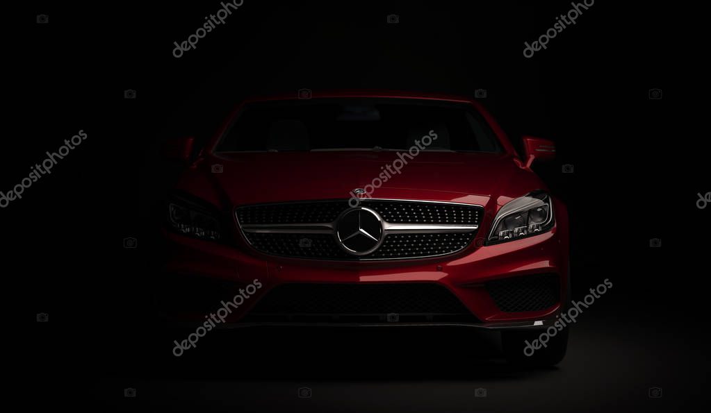 Almaty, Kazakhstan - march 24, 2019: Mercedes-Benz cls 500 AMG stylish luxury business class fast car on dark background. Mercedes-Benz logo and bumper. 3d render