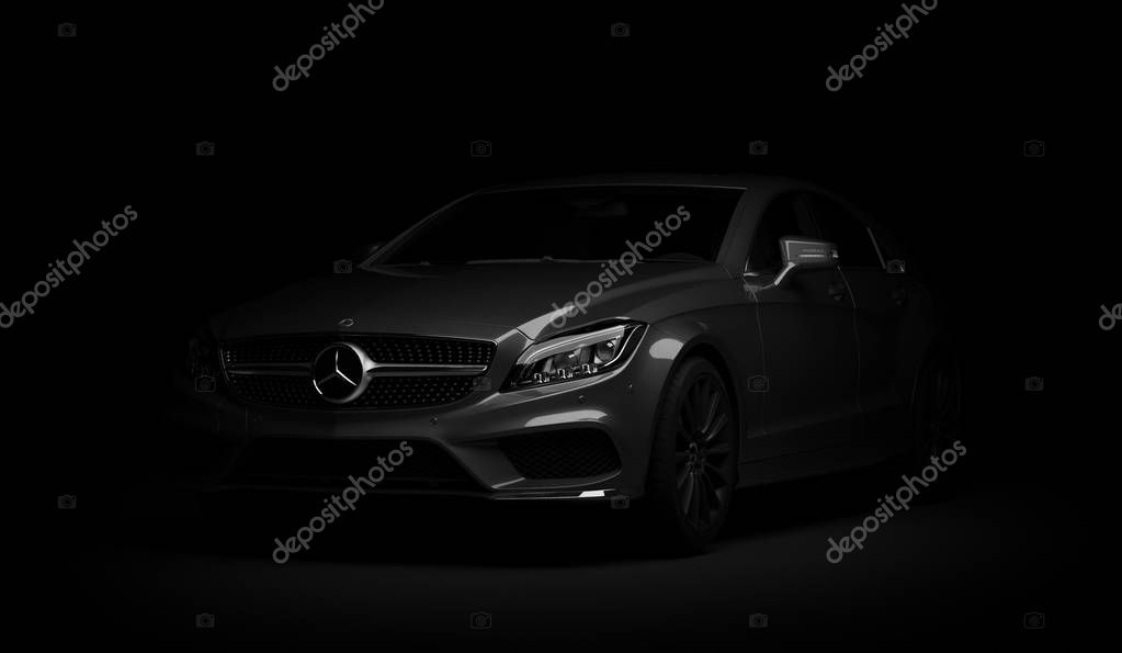 Almaty, Kazakhstan - march 24, 2019: Mercedes-Benz cls 500 AMG stylish luxury business class fast car on dark background. 3d render
