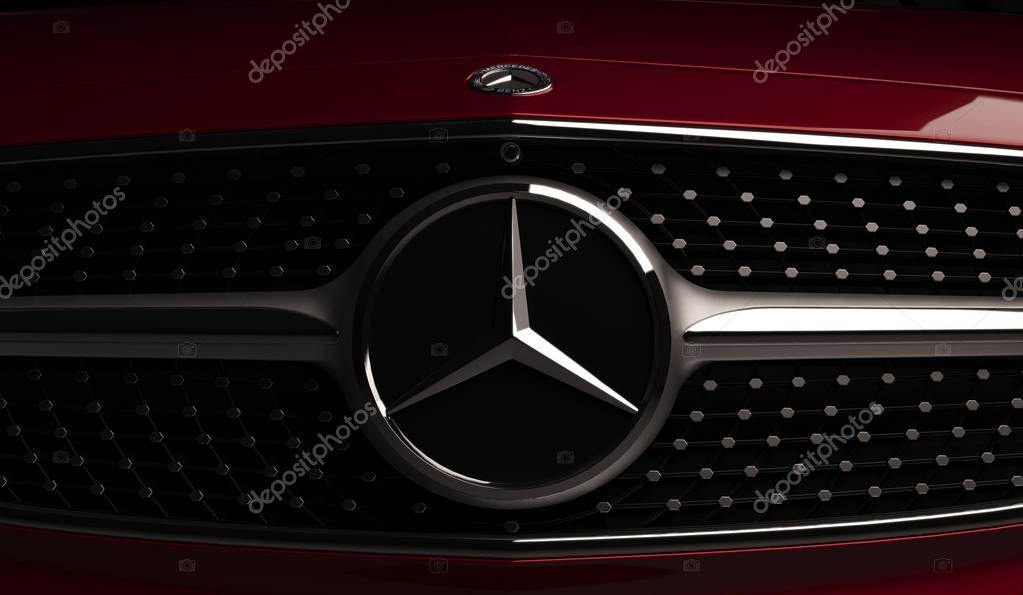 Almaty, Kazakhstan - march 24, 2019: Mercedes-Benz cls 500 AMG stylish luxury business class fast car on dark background. Mercedes-Benz logo and bumper. 3d render