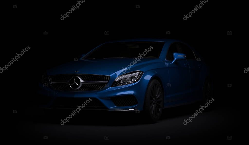 Almaty, Kazakhstan - march 24, 2019: Mercedes-Benz cls 500 AMG stylish luxury business class fast car on dark background. 3d render