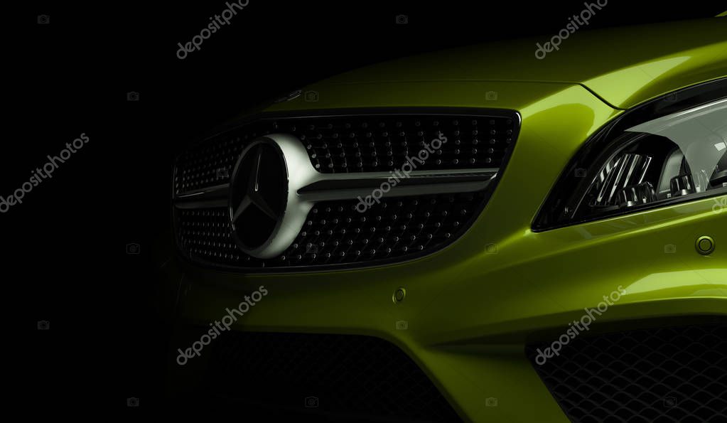 Almaty, Kazakhstan - march 24, 2019: Mercedes-Benz cls 500 AMG stylish luxury business class fast car on dark background. Mercedes-Benz logo and bumper. 3d render