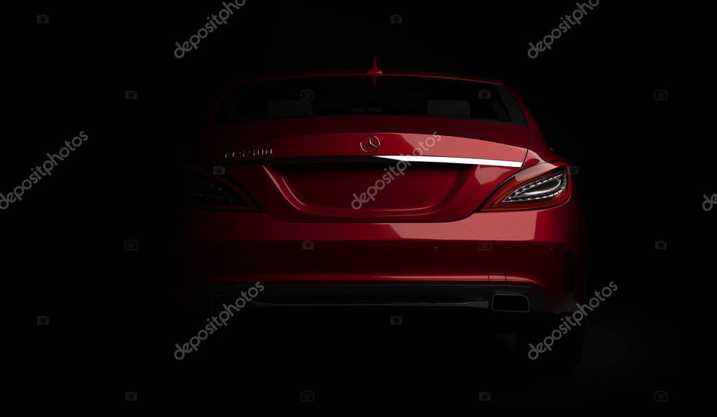 Almaty, Kazakhstan - march 24, 2019: Mercedes-Benz cls 500 AMG stylish luxury business class fast car on dark background. 3d render