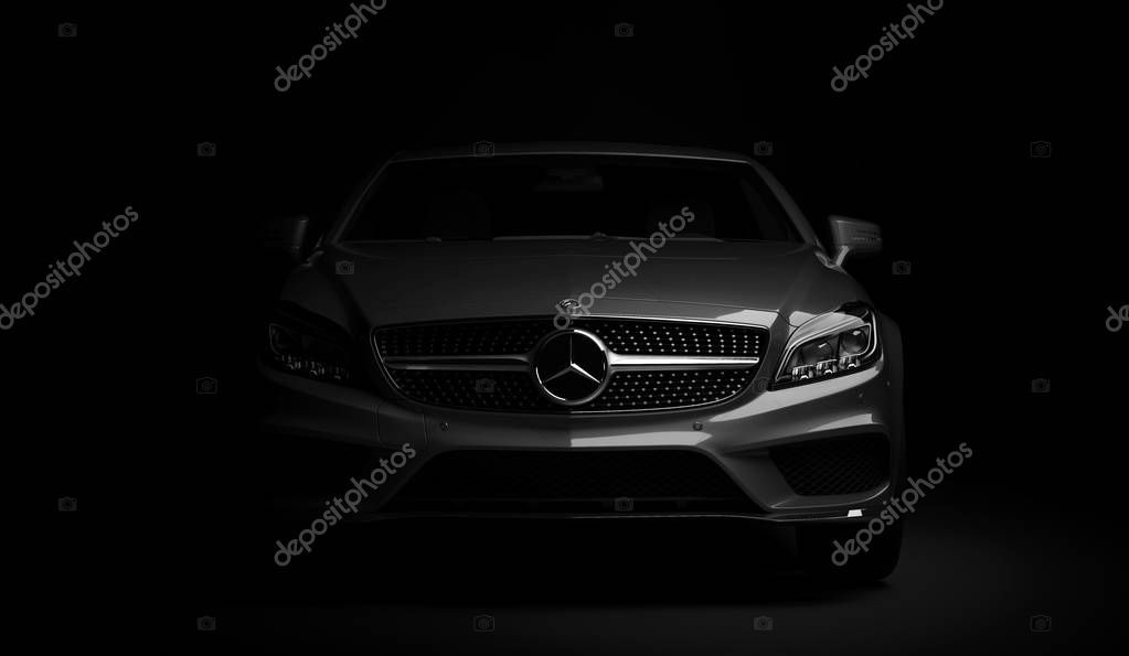 Almaty, Kazakhstan - march 24, 2019: Mercedes-Benz cls 500 AMG stylish luxury business class fast car on dark background. Mercedes-Benz logo and bumper. 3d render