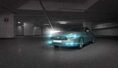 Almatı, Kazakistan. 28 Mart: Ford Mustang V8 5.0 l. yeraltı Otopark, arka plan üzerinde lüks şık bir araba. 3D render