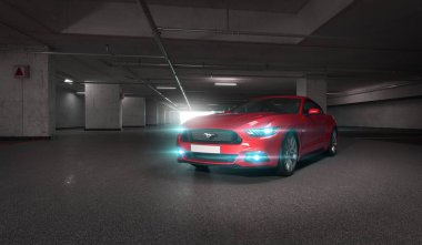 Almatı, Kazakistan. 28 Mart: Ford Mustang V8 5.0 l. yeraltı Otopark, arka plan üzerinde lüks şık bir araba. 3D render