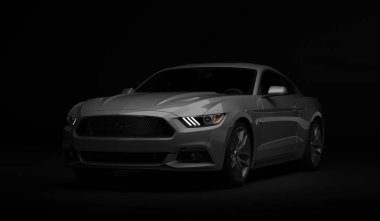 Almatı, Kazakistan. 28 Mart: Ford Mustang V8 5.0 l. lüks şık araba koyu, siyah arka plan üzerinde. 3D render