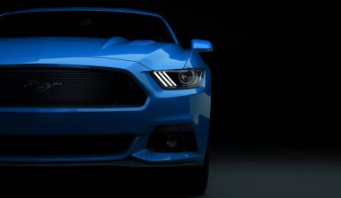 Almatı, Kazakistan. 28 Mart: Ford Mustang V8 5.0 l. lüks şık araba koyu, siyah arka plan üzerinde. 3D render