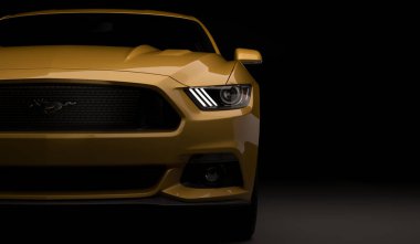 Almatı, Kazakistan. 28 Mart: Ford Mustang V8 5.0 l. lüks şık araba koyu, siyah arka plan üzerinde. 3D render