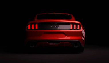 Almatı, Kazakistan. 28 Mart: Ford Mustang V8 5.0 l. lüks şık araba koyu, siyah arka plan üzerinde. 3D render