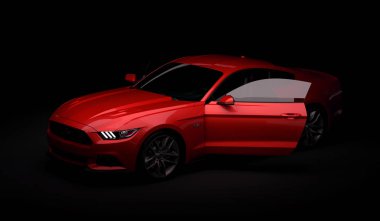 Almatı, Kazakistan. 28 Mart: Ford Mustang V8 5.0 l. lüks şık araba koyu, siyah arka plan üzerinde. 3D render