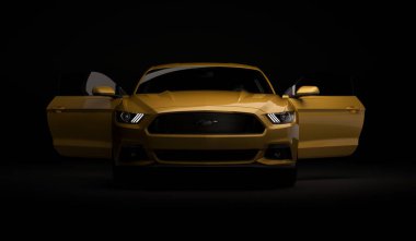 Almatı, Kazakistan. 28 Mart: Ford Mustang V8 5.0 l. lüks şık araba koyu, siyah arka plan üzerinde. 3D render