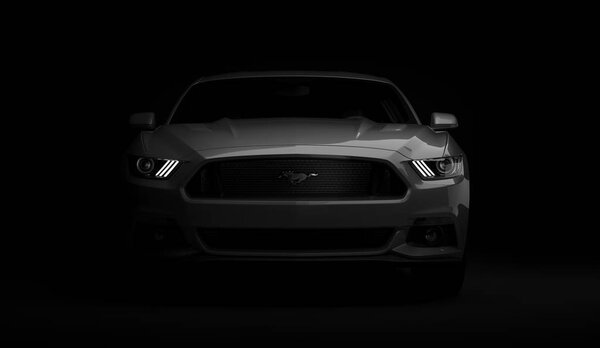 Алматы, Казахстан. 28 марта: Ford Mustang V8 5.0L. роскошный стильный автомобиль на темном, черном фоне. 3D рендеринг
