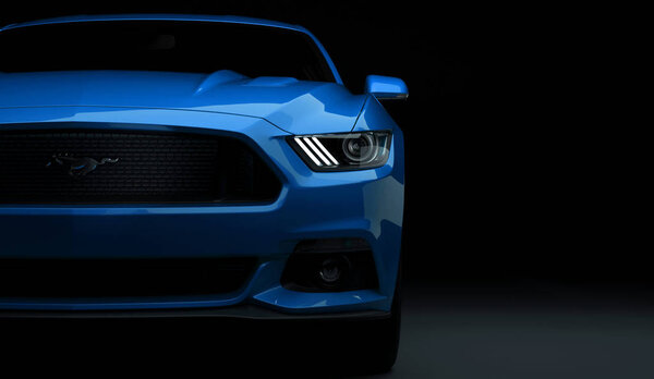 Almaty, Kazakhstan. MARCH 28: Ford Mustang V8 5.0L. luxury stylish car on dark, black background. 3D render