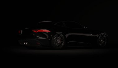Almatı, Kazakistan. Nisan 01: Jaguar F-tipi Svr lüks şık hızlı spor araba siyah arka plan üzerine. 3D render