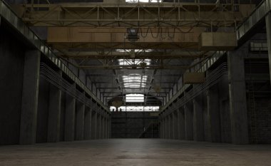 Eski endüstriyel fabrika arka planı. Düşük açı görünümü. 3B render