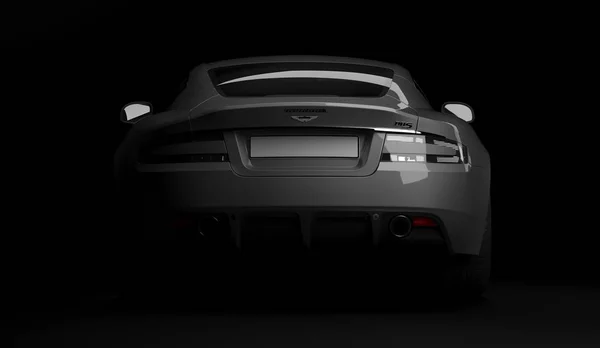 Алматы, Казахстан. 15 апреля: Британский роскошный спортивный автомобиль купе Aston Martin DBS на черном фоне. 3D рендеринг — стоковое фото