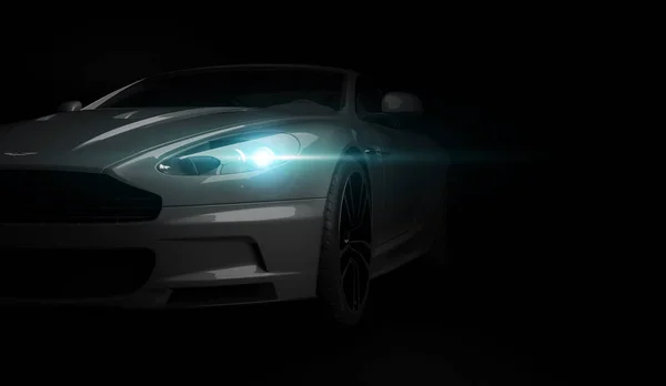 Алматы, Казахстан. 15 апреля: Британский роскошный спортивный автомобиль купе Aston Martin DBS на черном фоне. 3D рендеринг — стоковое фото