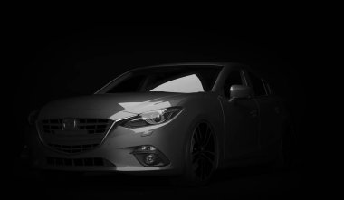 Almat, Kazakistan - 2 Şubat 2019: Boya parlatma ve kaplama sonrası arka kırmızı boya yansıması ile Mazda 3 modern sportif hatchback. 3d render