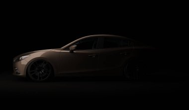 Almat, Kazakistan - 2 Şubat 2019: Boya parlatma ve kaplama sonrası arka kırmızı boya yansıması ile Mazda 3 modern sportif hatchback. 3d render